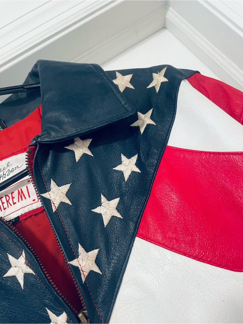Michael Hoban American Flag Leather Bomber Jacket - Stars & Stripes - Picture 5 of 10